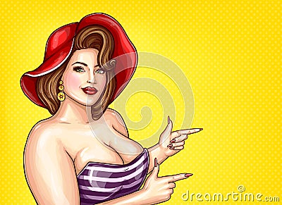 Vector brunette overweight woman pointing at discounts Vector Illustration