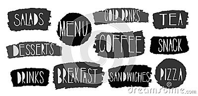 Vector brush stroke food menu text Boxes set. Painted strips, round, square. Vector Illustration