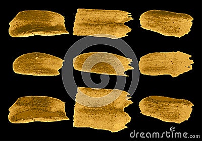 Vector brush stroke gold paint abstract on black background set Vector Illustration