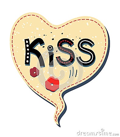 Vector bubbles speech in the shape of a heart on white background. Inside with the text Kiss and Lips Vector Illustration