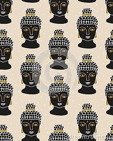 Vector buddha seamless pattern on the polka dot background. Hand drawn print design. Vector Illustration