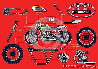 Build your racing motorcycle with separated parts Vector Illustration