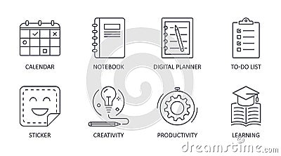 Vector bullet journal icons. Editable stroke. Scheduling to-do list digital planner calendar. Sketch paper notebook sticker pencil Vector Illustration