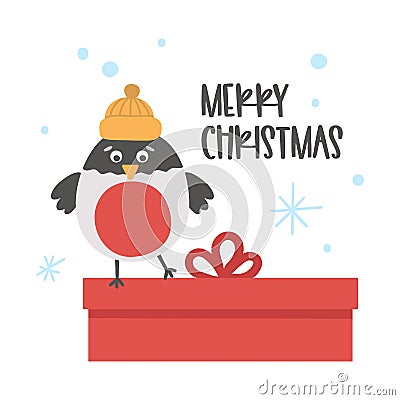 Vector bullfinch in hat with present and snowflakes. Cute winter bird illustration. Funny Christmas card design. New Year print Vector Illustration