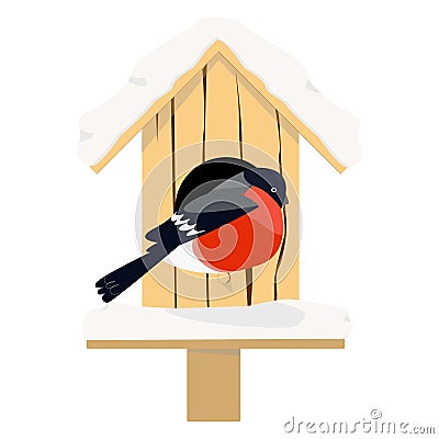 Vector bullfinch sitting on birdhouse. Vector Illustration