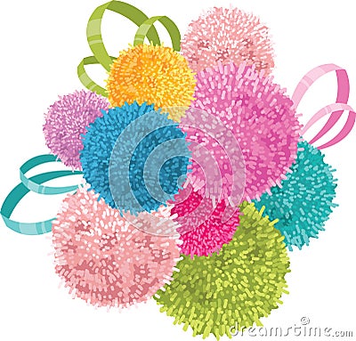 Vector Bunch of Colorful Baby Kids Birthday Party Pom Poms and Ribbons Element. Vector Illustration
