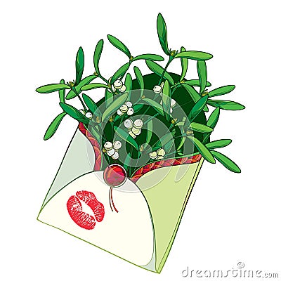 Vector bunch of outline Mistletoe with green leaves, berry and red lipstick kiss in open craft envelope isolated on white. Vector Illustration