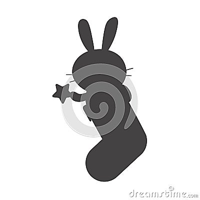 Vector bunny winter illustration of a symbol of chinese new year 2023. Black rabbit in stocking silhouette for Merry Cartoon Illustration