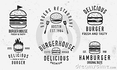 Vector Burger logo set. Vintage burger, sandwich or hamburger labels, badges. Fast food and restaurant logo templates with grunge Vector Illustration