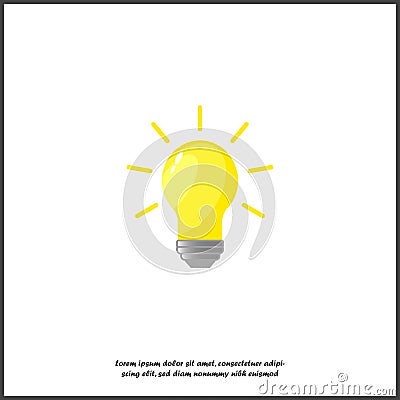 Vector burning light bulb. From the lamp the rays of bright yellow light diverge. Symbol of thoughts, ideas, mind icon on white Vector Illustration