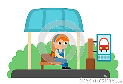 Vector bus stop icon with waiting girl. Cartoon public transport station. City or countryside transportation clipart with greenery Vector Illustration