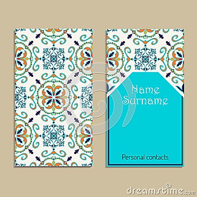 Vector business card template. Portuguese, Moroccan; Azulejo; Arabic; asian ornaments Vector Illustration