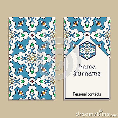 Vector business card template. Portuguese, Moroccan, Azulejo, Arabic, asian ornaments Vector Illustration