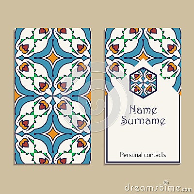 Vector business card template. Portuguese, Moroccan, Azulejo, Arabic, asian ornaments Vector Illustration