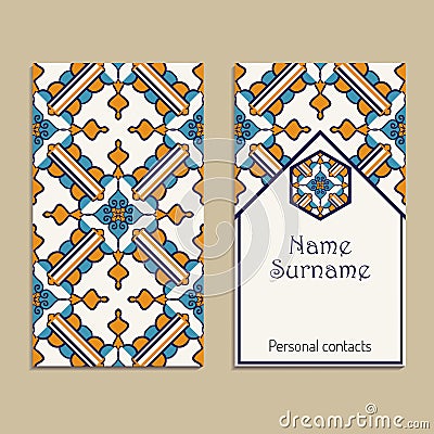 Vector business card template. Portuguese, Moroccan, Azulejo, Arabic, asian ornaments Vector Illustration