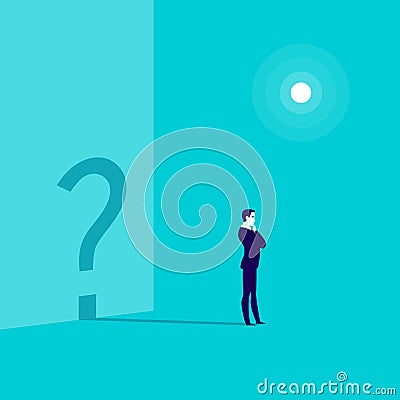 Vector business concept illustration with businessman standing isolated on blue background with sun, question sign shadow shape. Vector Illustration
