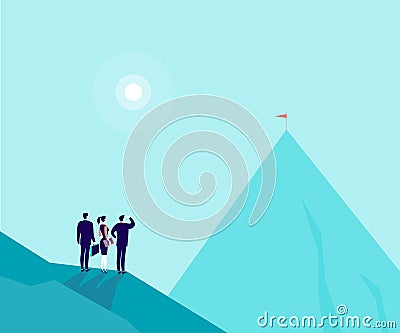 Vector business concept illustration with businessmen, woman standing on mountain pic and watching at new top. Vector Illustration