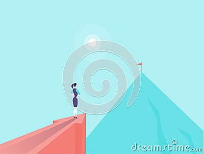 Vector business concept illustration with business lady standing on big arrow pointing on mountain peak. Vector Illustration