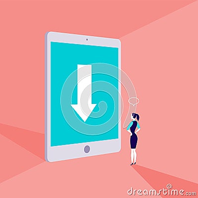 Vector business concept illustration with business lady standing in front of big tablet with arrow on its screen. Vector Illustration
