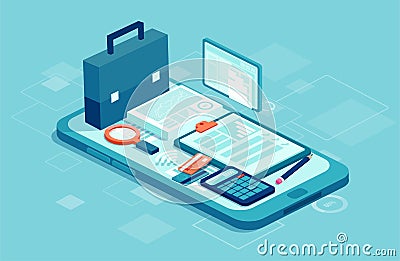 Vector of a business equipment and icons on a smartphone Stock Photo