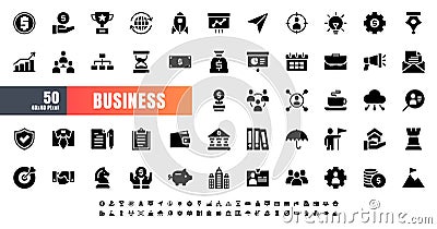 Vector of 50 Business and Financial Solid Glyph Icon Set. 48x48 Pixel Vector Illustration