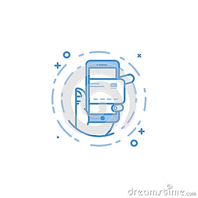 Vector business illustration of blue colors hand and mobile phone with credit card icon Vector Illustration