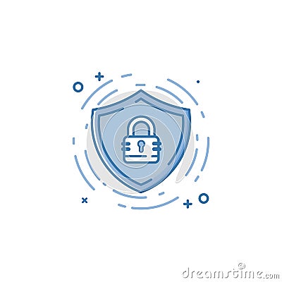 Vector business illustration of blue colors protection shield and lock icon in linear style. Vector Illustration