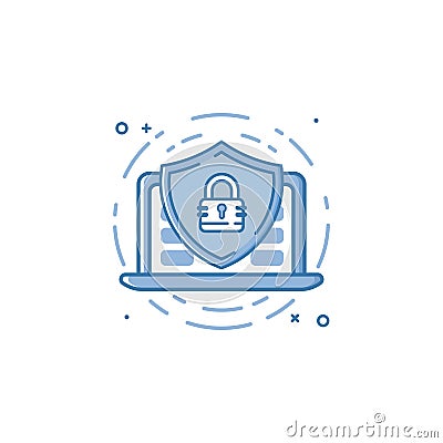 Vector business illustration of blue colors protection shield with lock and laptop icon in outline style. Vector Illustration