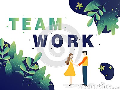 Vector business illustration. Businessmen together build word teamwork Cartoon Illustration
