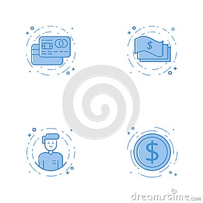 Icons with credit cards, cash, character and coin Vector Illustration