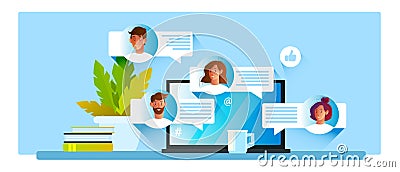 Internet communication and teamwork concept in flat style. Online chat banner Vector Illustration