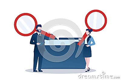 Vector of a business man and businesswoman with magnifying glass searching files in a data folder Vector Illustration