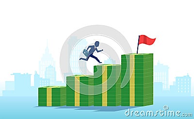 Vector of a business man climbing steps from piles of dollars Stock Photo