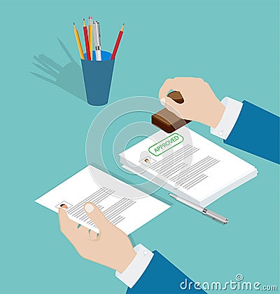 Vector of a business man hand with stamp approving application document Stock Photo
