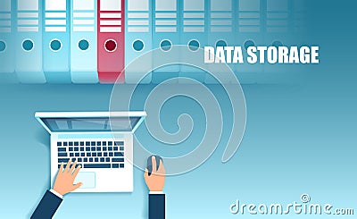 Vector of a business man using laptop computer searching a file in organized cloud data storage Vector Illustration