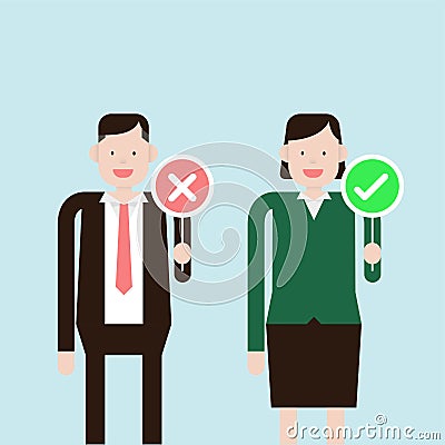Vector of Business man and woman holding wrong and right sign Vector Illustration