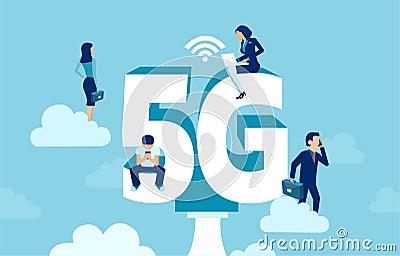 Vector of business people with gadgets sitting on the big 5G symbol networking Vector Illustration