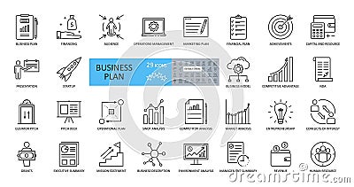 Vector business plan icons. Set of 29 images with editable stroke. Includes planning, financing, grant, audience, presentation, Vector Illustration