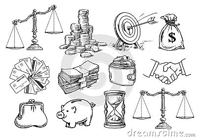 Vector business set. Scales, stack of coins, sack of dollars, credit cards, handshake, purse, wallet, piggy bank, target Vector Illustration