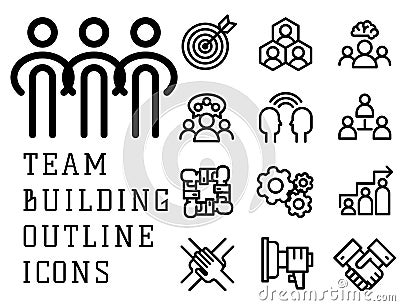 Vector illustration business team building people concept teambuilding work management outline trainings icons. Vector Illustration