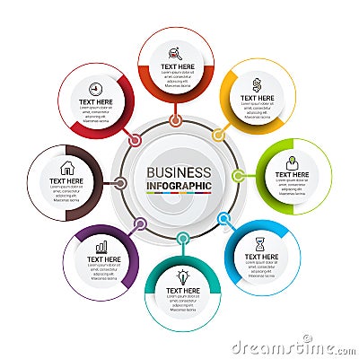 Infographic template design with icons and circles. Abstract elements of graph, diagram with steps, number options, parts or proce Vector Illustration