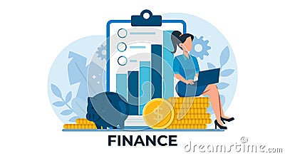 Vector of a business woman sitting on a pile of gold dollar coins reading financial statements Stock Photo