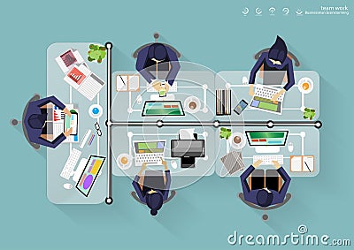 Vector Business Work place top corner brainstorming ideas for a task, leveraging computer Notebook Tablet Mobile files paper diari Vector Illustration