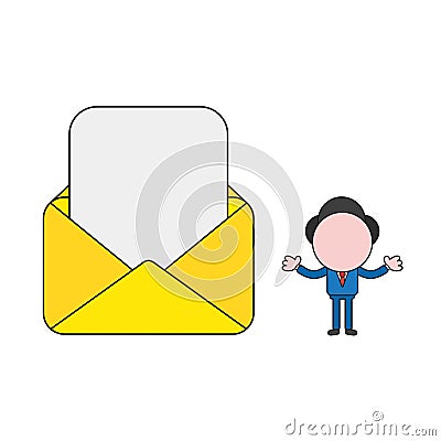Vector businessman with blank paper in open mail envelope. Color and black outlines Vector Illustration