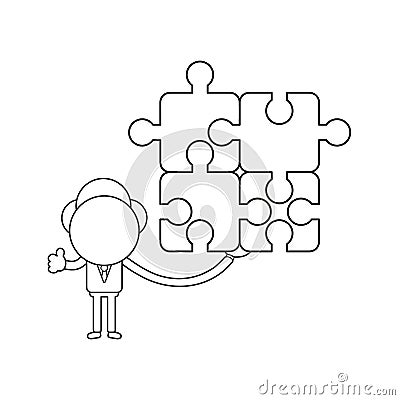 Vector businessman character holding four connected jigsaw puzzle pieces and gesturing thumbs up. Black outline Vector Illustration