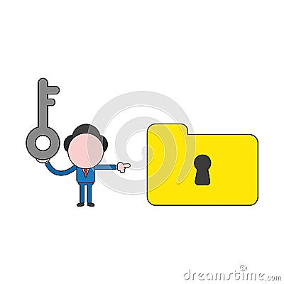 Vector businessman character holding key and pointing file folder keyhole. Color and black outlines Vector Illustration
