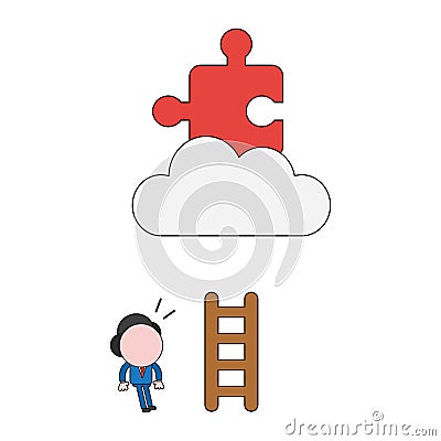 Vector businessman character with short wooden ladder and looking missing puzzle piece on cloud. Color and black outlines Vector Illustration