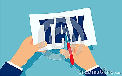 Vector of a businessman hand cutting word tax with scissors Stock Photo