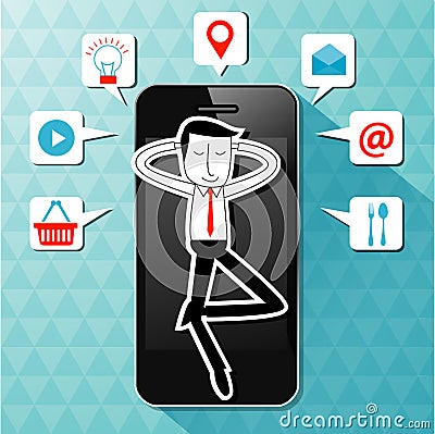 Vector of businessman lie on smartphone with application icon. M Vector Illustration