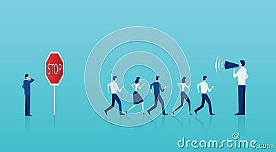 Vector of a businessman thinking of a risk at stop sign while crowd of people running forward being maniplated by salesman Stock Photo